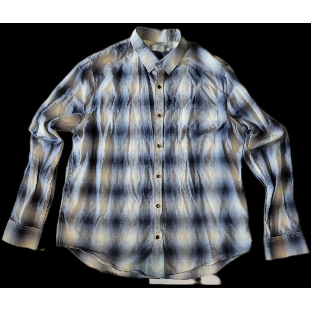 Vince Men's XL Blue Gray Cream Plaid 100% Cotton Button Front Shirt